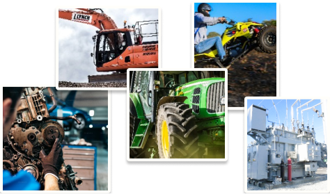 A collage of industrial tools: Tractor, Back Hoe, Power Plant, Powersport ATV, Close up of large engine